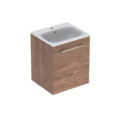 Pakabinama vonios spintelė su keraminiu praustuvu Geberit Selnova riešuto dekoro hickory.