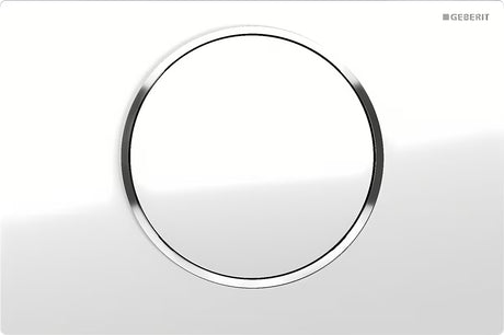 Baltas vandens nuleidimo mygtukas Geberit Sigma10 su blizgiu chromuotu žiedu pro nuleidimas Start/Stop