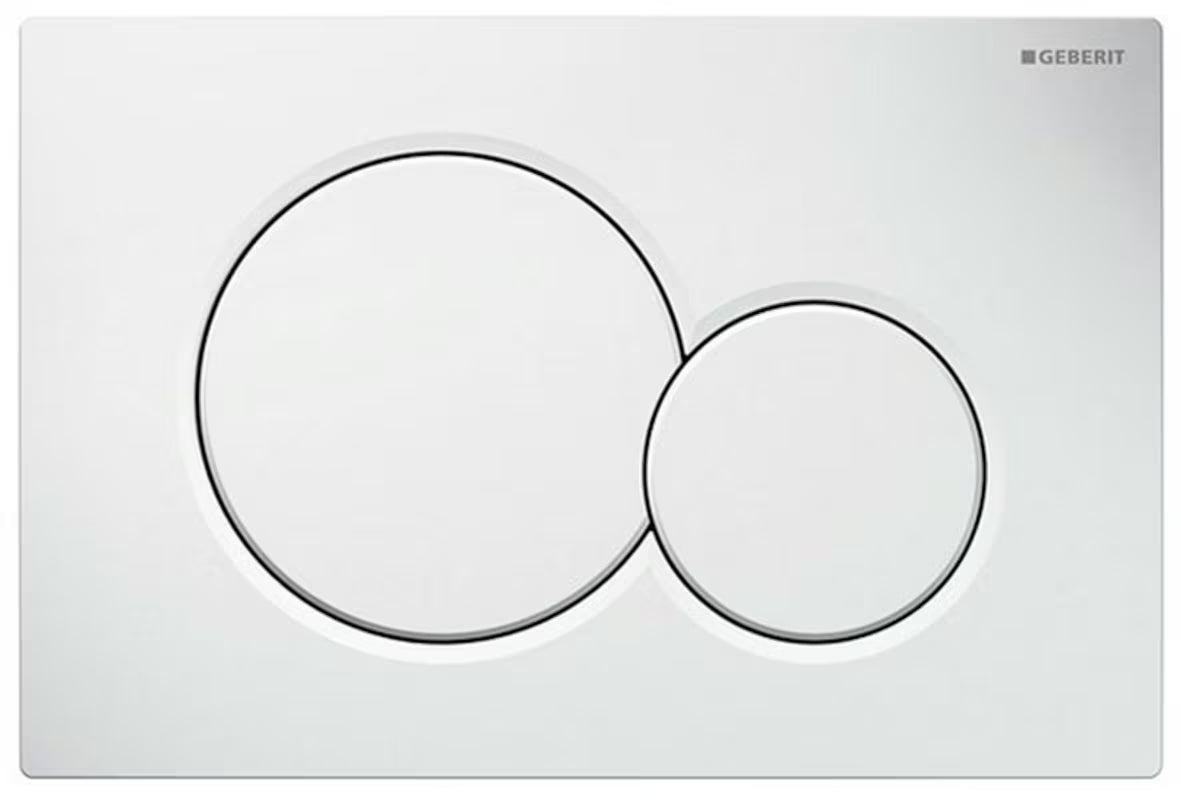 Baltas vandens nuleidimo mygtukas Geberit Sigma01 pro potinkiniams bakeliams Geberit Sigma su dviem nuleidimo kiekiais.