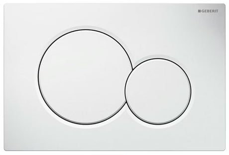 Baltas vandens nuleidimo mygtukas Geberit Sigma01 pro potinkiniams bakeliams Geberit Sigma su dviem nuleidimo kiekiais.