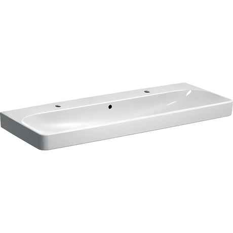 Geberit Smyle Square pakabinamas praustuvas 120x48 cm iš baltos keramikos su dviem angomis pro maišytuvui