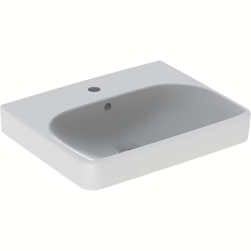 Geberit Smyle Square pakabinami baltas keraminis praustuvas su anga pro maišytuvui per vidurį, 55x44 cm