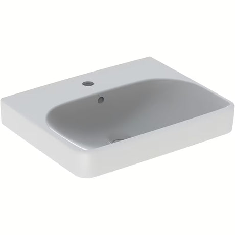 Geberit Smyle Square pakabinami baltas keraminis praustuvas su anga pro maišytuvui per vidurį, 55x44 cm