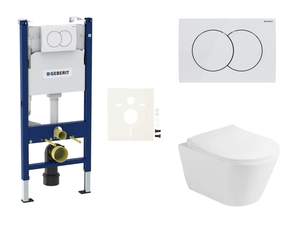 Pakabinami WC komplektas Glacera Ava su montavimo moduliu Geberit ir valdymo mygtuku Delta, baltos blizgios spalvos.