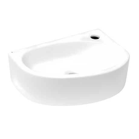 Baltas kampiniai dešinysis mažas praustuvas Glacera Bigio 42 x 29,5 cm be perpylimo su anga pro maišytuvui dešinėje.