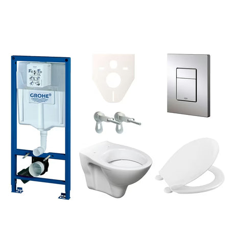 Pakabinami WC komplektas S-Line Pro su moduliu Grohe Rapid SL, bakeliu, sėdyne ir blizgaus chromo nuleidimo mygtuku.