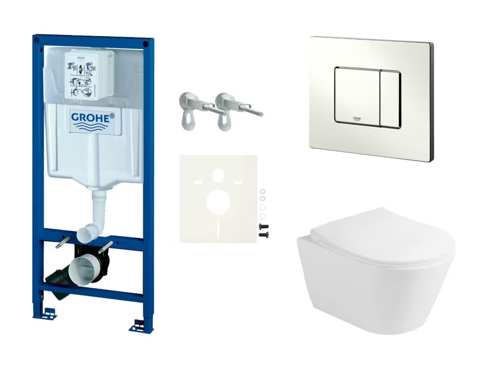 Pakabinami WC komplektas Glacera Ava su moduliu Grohe Rapid SL, bakeliu ir valdymo mygtuku Skate Cosmopolitan