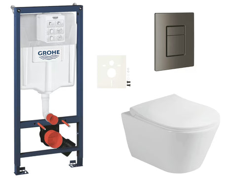 Pakabinami WC komplektas Glacera Ava su montavimo rėmu Grohe Rapid SL ir nuleidimo mygtuku Skate Cosmopolitan.