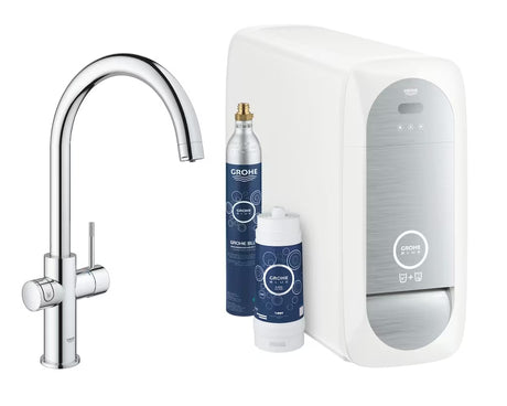 Chromuotas virtuvinis maišytuvas Grohe Blue Home Duo su filtru, su aušinimu ir mygtuku pro, gazuotam ir negazuotam vandeniui
