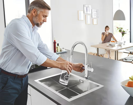 Chromuotas virtuvinis maišytuvas Grohe Blue Home Duo su filtru, su aušinimu ir mygtuku pro, gazuotam ir negazuotam vandeniui