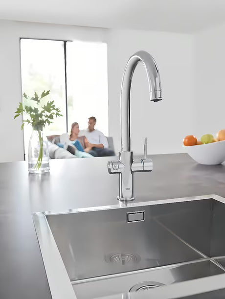 Chromuotas virtuvinis maišytuvas Grohe Blue Home Duo su filtru, su aušinimu ir mygtuku pro, gazuotam ir negazuotam vandeniui