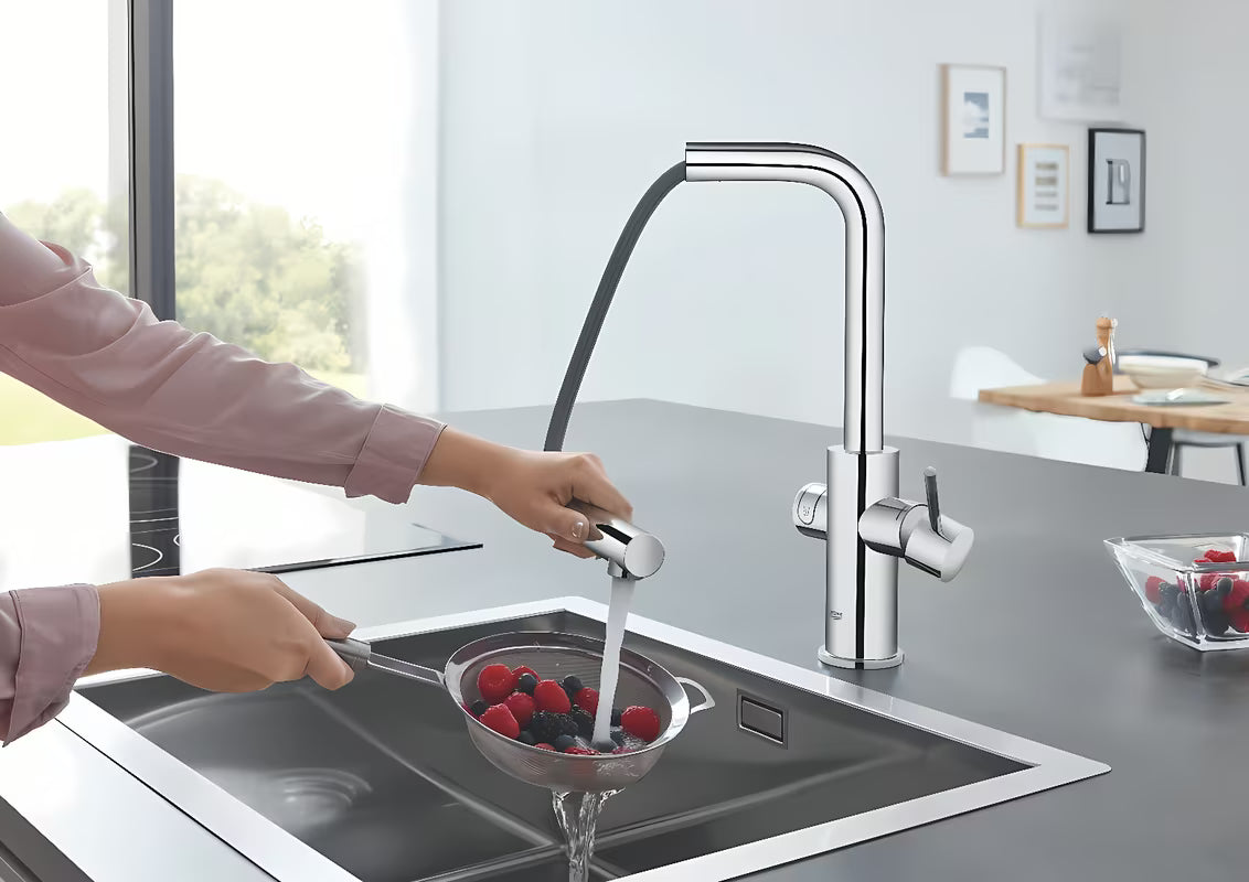 Chromuotas virtuvinis maišytuvas Grohe Blue Home Duo su filtru, su aušinimu ir ištraukiamu aeratoriumi