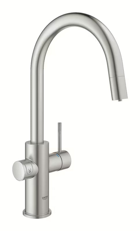 Grohe Blue Home virtuvinis maišytuvas supersteel su filtravimo sistema ir aušintuvu pro negazuotam ir gazuotam vandeniui