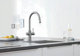 Grohe Blue Home virtuvinis maišytuvas supersteel su filtravimo sistema ir aušintuvu pro negazuotam ir gazuotam vandeniui