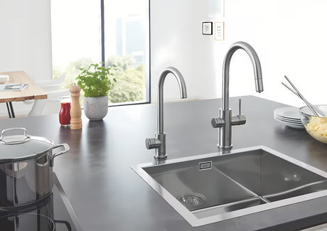 Grohe Blue Home virtuvinis maišytuvas supersteel su filtravimo sistema ir aušintuvu pro negazuotam ir gazuotam vandeniui