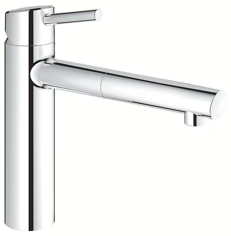 Chromo spalvos virtuvinis maišytuvas Grohe Concetto New su vidutinio aukščio pasukamu snapu ir ištraukiama dušeline galvute