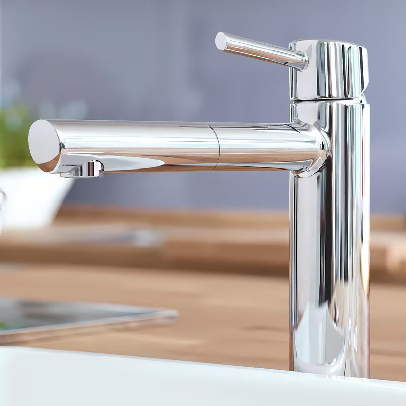Chromo spalvos virtuvinis maišytuvas Grohe Concetto New su vidutinio aukščio pasukamu snapu ir ištraukiama dušeline galvute