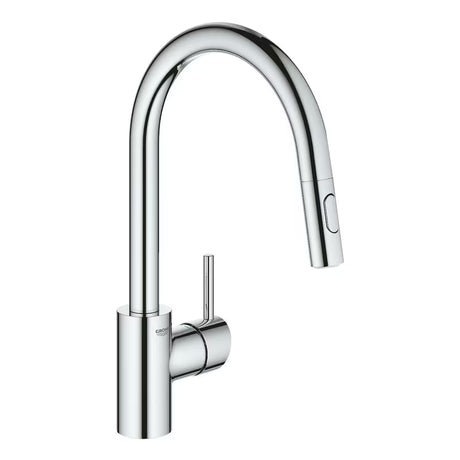 Chromuotas virtuvinis maišytuvas Grohe Concetto New su aukštu pasukamu snapu ir ištraukiamu dušeliu