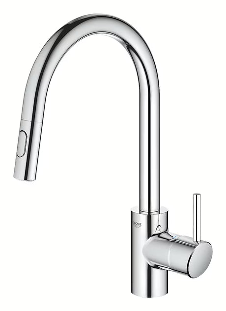 Chromuotas virtuvinis maišytuvas Grohe Concetto New su aukštu pasukamu snapu ir ištraukiamu dušeliu