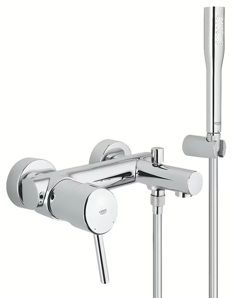 Chromo spalvos sieninė vonios maišytuvas Grohe Concetto New su dušo komplektu su automatiniu vonios / dušo perjungimu.