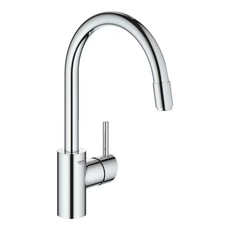 Chromuotas virtuvinis maišytuvas Grohe Concetto New su aukštu pasukamu snapu ir ištraukiamu dušeliu.