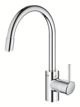 Chromuotas virtuvinis maišytuvas Grohe Concetto New su aukštu pasukamu snapu ir ištraukiamu dušeliu.