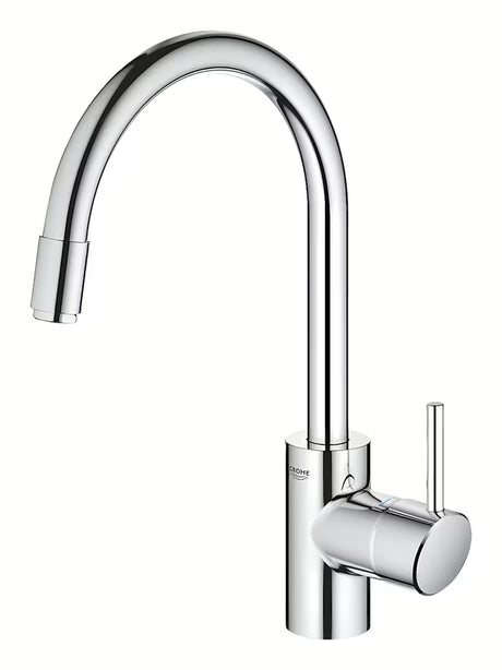 Chromuotas virtuvinis maišytuvas Grohe Concetto New su aukštu pasukamu snapu ir ištraukiamu dušeliu.
