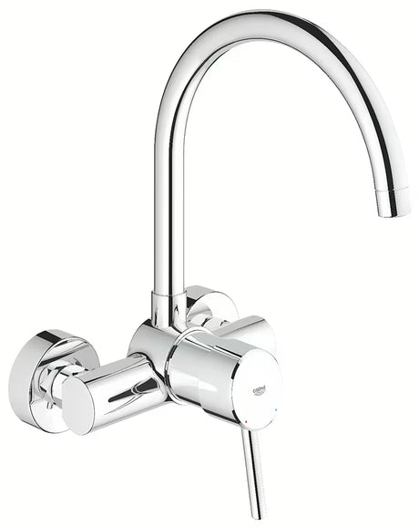 Chromuotas sieninė virtuvinis maišytuvas Grohe Concetto New su aukštu 360° pasukamu snapu.