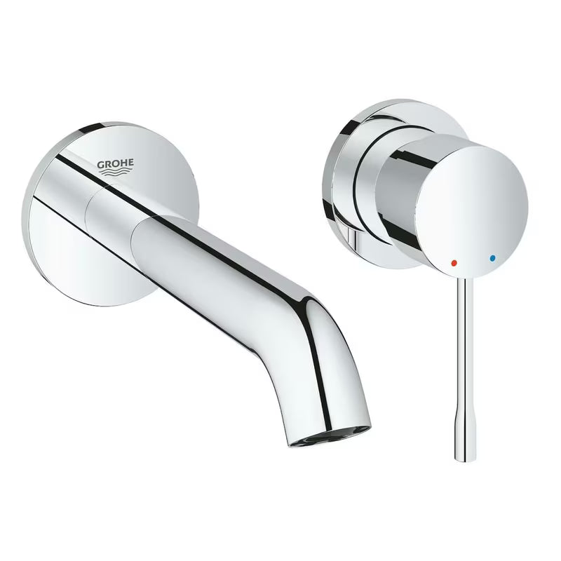 Chromuotas potinkinė praustuvo maišytuvas Grohe Essence New pro montuojamas ant sienos, su svirtimi ir rozete.
