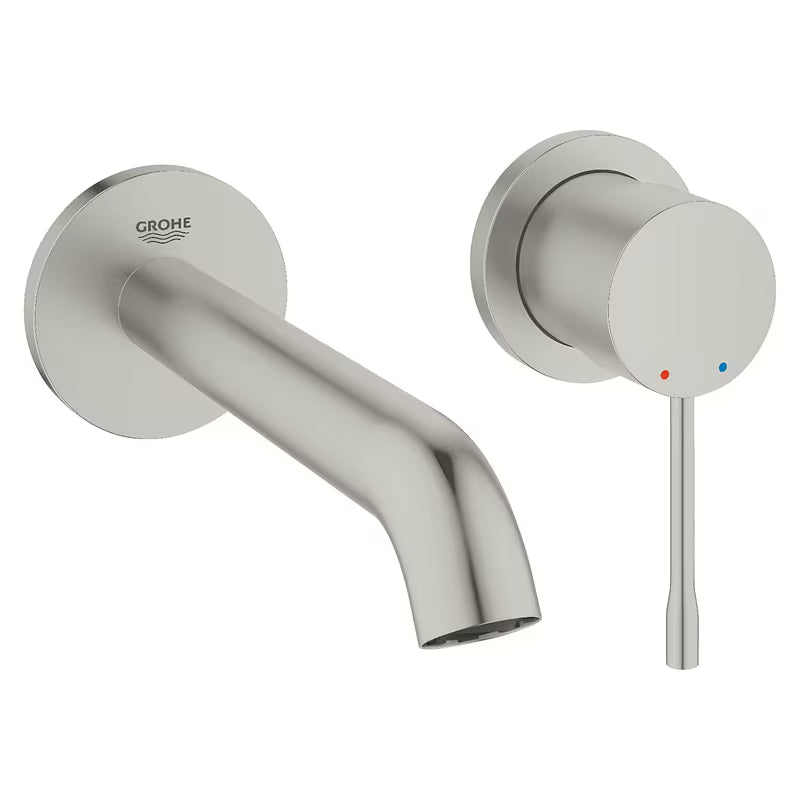 Potinkinė praustuvo maišytuvas Grohe Essence New matinės supersteel spalvos, pro montuojamas ant sienos.