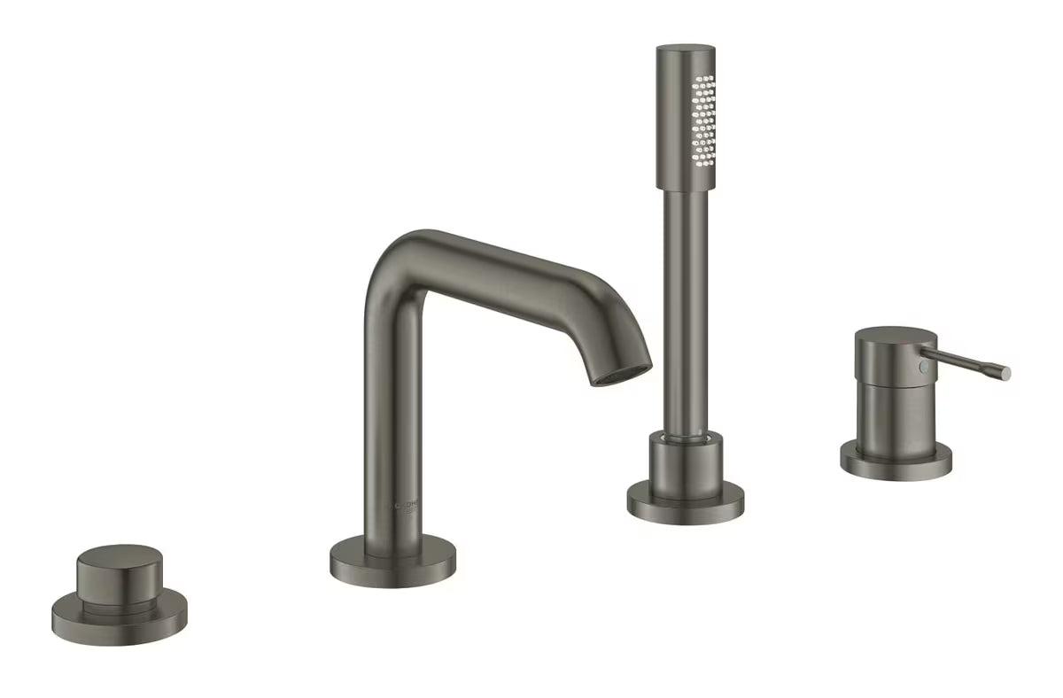 Keturių angų vonios maišytuvas Grohe Essence New su rankiniu dušeliu, brushed hard graphite apdailos.