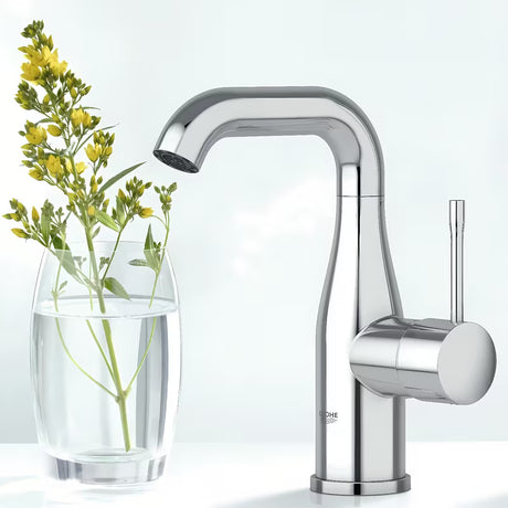Chromuotas praustuvo maišytuvas Grohe Essence New su praustuvo dugno vožtuvas ir pasukamu snapu