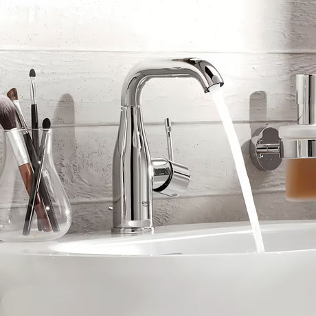 Chromuotas praustuvo maišytuvas Grohe Essence New su praustuvo dugno vožtuvas ir pasukamu snapu