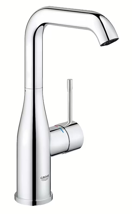 Aukštas praustuvo maišytuvas Grohe Essence New chromo spalvos su pasukamu snapu ir svirtiniu valdymu.