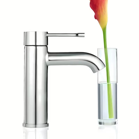 Chrominis svirtinis praustuvo maišytuvas Grohe Essence New su lygiu korpusu ir lenktu snapu