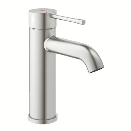 Praustuvo svirtinis maišytuvas Grohe Essence New, matinės supersteel apdailos, su aukštu lenktu snapu.