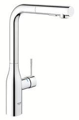 Chromo spalvos virtuvinis maišytuvas Grohe Essence New su aukštu pasukamu snapu ir ištraukiama galvute