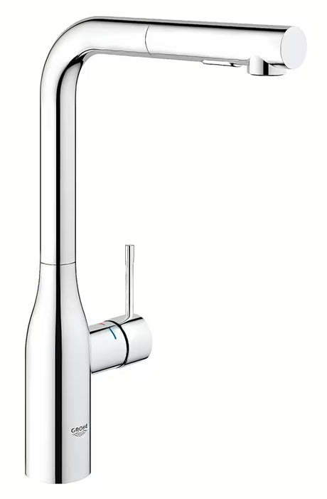 Chromo spalvos virtuvinis maišytuvas Grohe Essence New su aukštu pasukamu snapu ir ištraukiama galvute