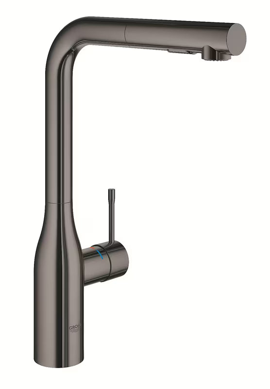 Virtuvinis maišytuvas Grohe Essence New su aukštu pasukamu snapu ir ištraukiama dušo galvute, spalva – kieta grafit.