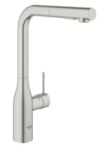 Grohe Essence New virtuvinis maišytuvas su aukštu pasukamu snapu ir ištraukiamu dušeliu, supersteel paviršius.