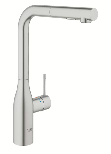 Grohe Essence New virtuvinis maišytuvas su aukštu pasukamu snapu ir ištraukiamu dušeliu, supersteel paviršius.