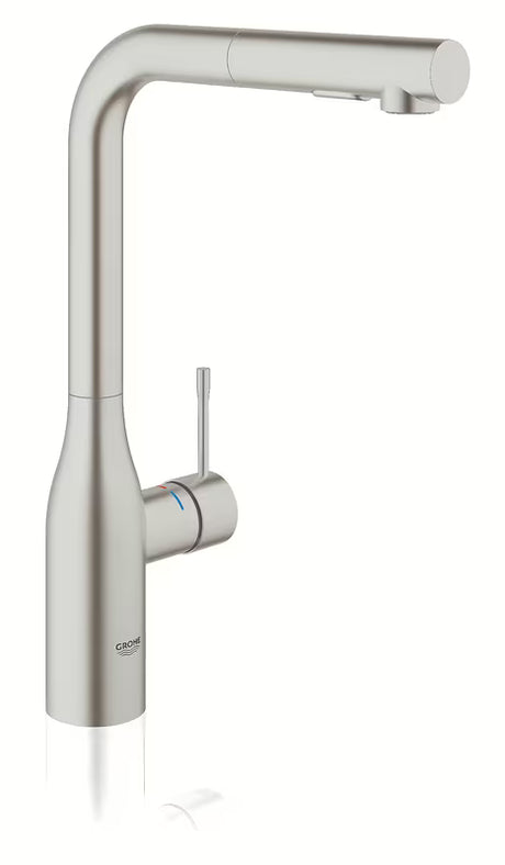Grohe Essence New virtuvinis maišytuvas su aukštu pasukamu snapu ir ištraukiamu dušeliu, supersteel paviršius.
