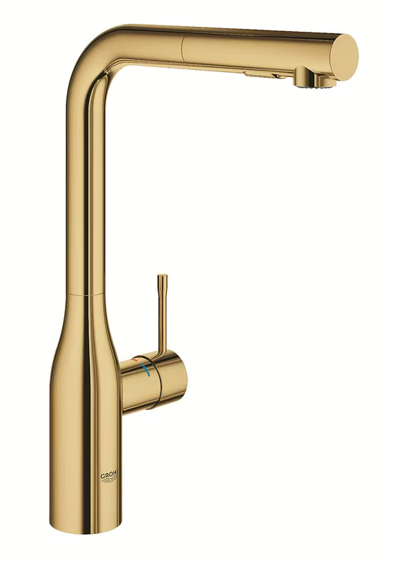 Grohe Essence New virtuvinis maišytuvas, spalva cool sunrise, su aukštu pasukamu snapu ir ištraukiama dušo galvute