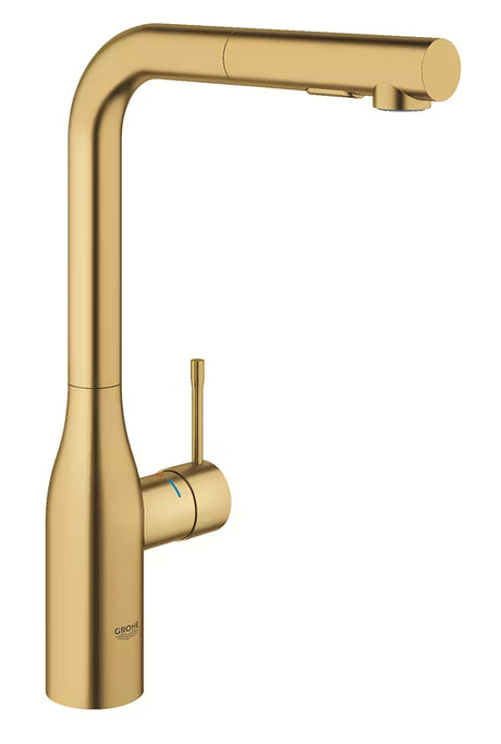 Virtuvinis maišytuvas Grohe Essence New su aukštu snapu ir ištraukiamu dušeliu, spalva brushed cool sunrise.
