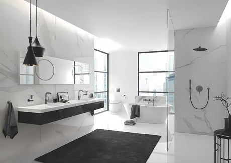Aukšta svirtinis praustuvo maišytuvas Grohe Essence New, brushed hard graphite paviršiaus apdailos, su pasukamu snapu.