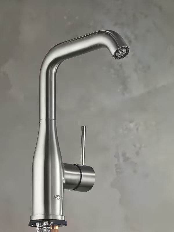 Aukšta svirtinis praustuvo maišytuvas Grohe Essence New, apdaila supersteel, su pasukamu snapu