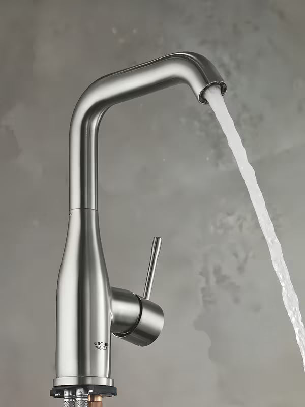 Aukšta svirtinis praustuvo maišytuvas Grohe Essence New, supersteel apdailos, su pasukamu snapu