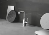 Aukšta svirtinis praustuvo maišytuvas Grohe Essence New, supersteel apdailos, su pasukamu snapu