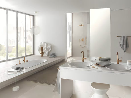 Aukšta svirtinis praustuvo maišytuvas Grohe Essence New, Brushed Warm Sunset spalvos, su pasukamu snapeliu.