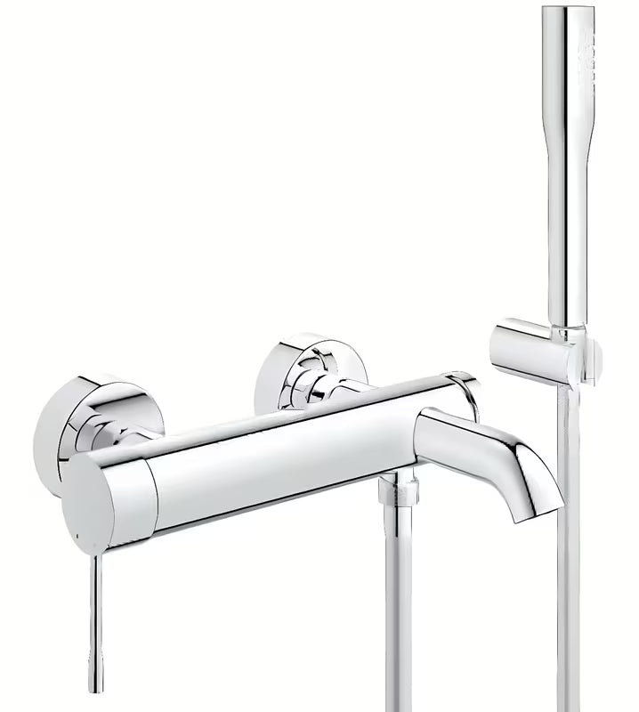 Chromo spalvos sieninė vonios maišytuvas Grohe Essence New su dušo komplektu